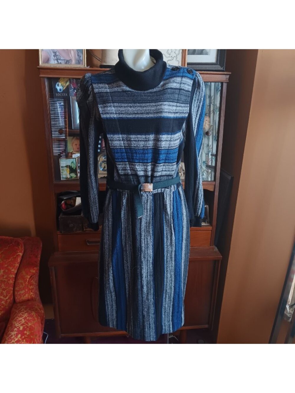 True Vintage New Wave Dress sz 13-14 1980's P.V. Rich Striped Knit Belted USA